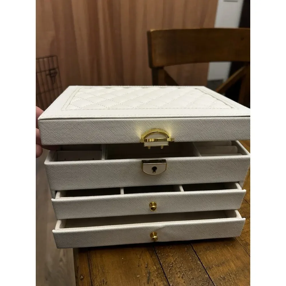 White Faux Leather Jewelry Box Organizer, Lockable 2-Drawer Velvet Lined